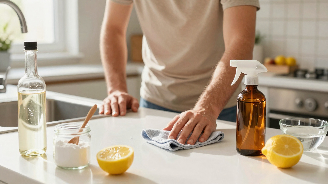 Person wiping a kitchen countertop with cloth, surrounded by natural cleaning ingredients like lemon, vinegar, and baking sod