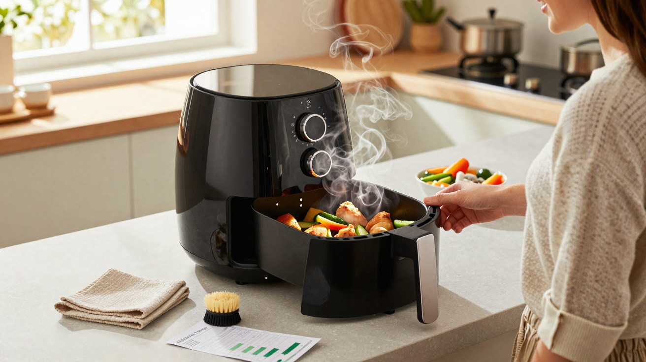 Black air fryer cooking steaming mixed vegetables and chicken on a kitchen counter with person holding the basket.