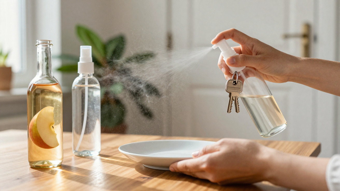 Person spraying clear liquid from a bottle onto keys held over a white plate on a wooden table.
