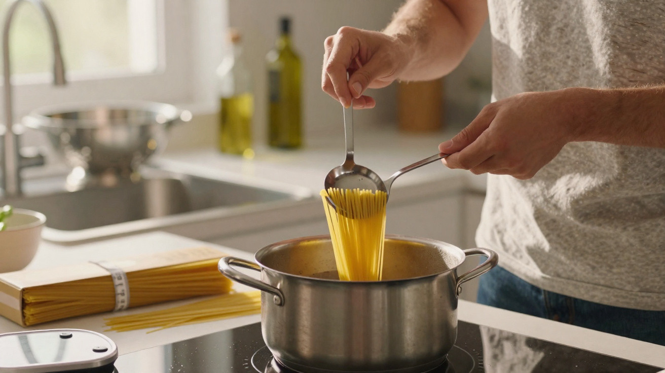 Person cooking spaghetti by placing raw pasta into a large pot on an induction stove in a kitchen.