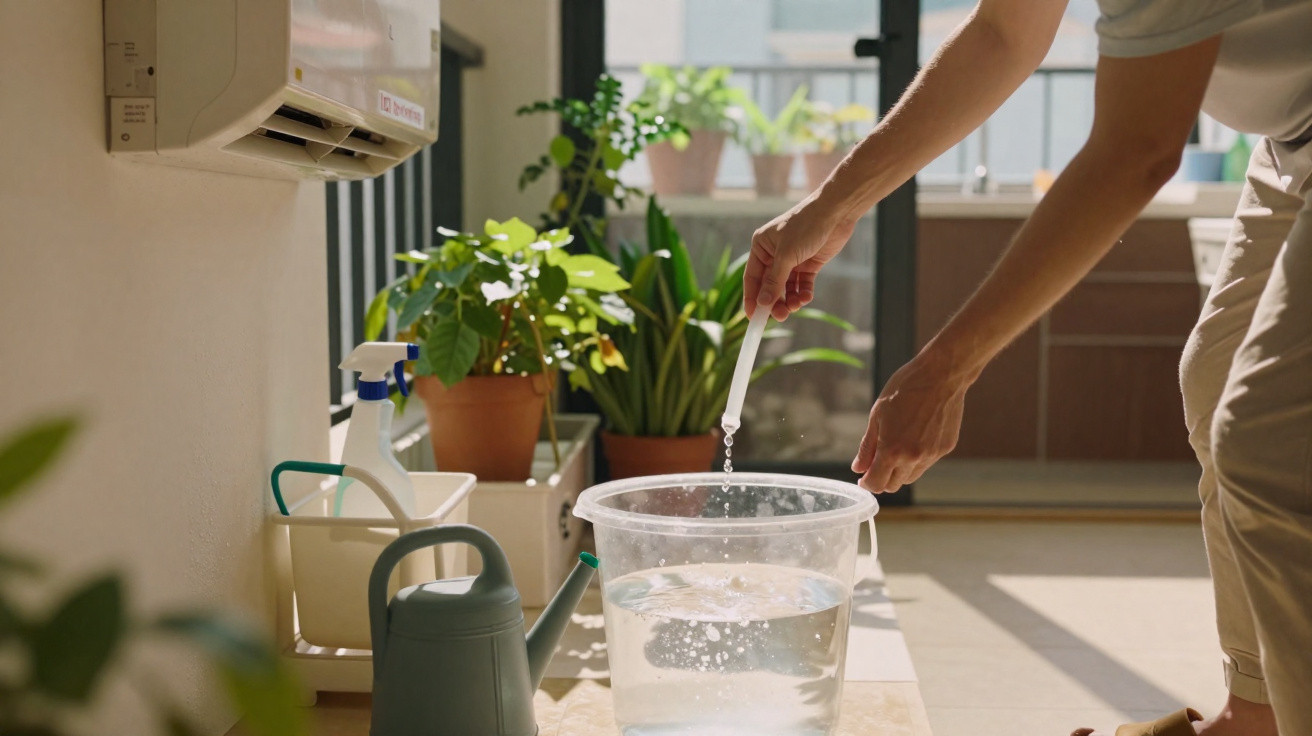 Person filling a plastic container with water indoors next to plants and a watering can in sunlight.