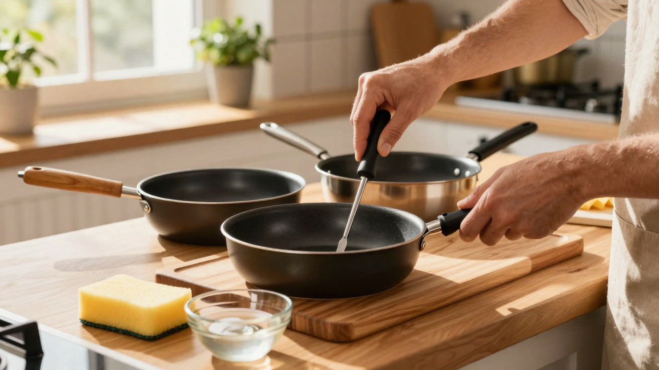 Person seasoning black frying pan on wooden board in bright kitchen with two other pans nearby
