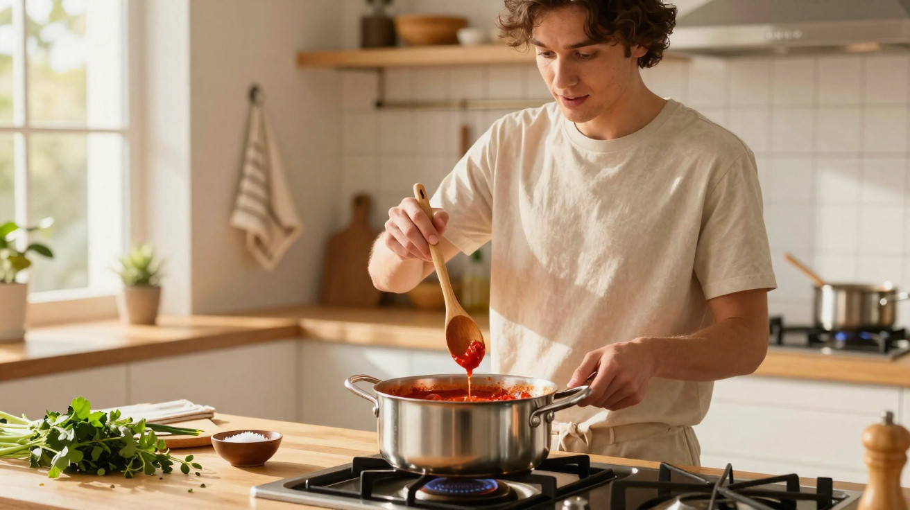 Young man stirring tomato sauce in a pot on a gas stove in a bright modern kitchen.