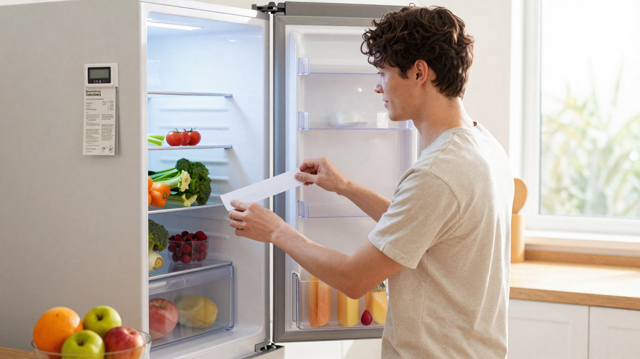 Young man checking a shopping list in front of an open fridge filled with fresh vegetables and fruits.