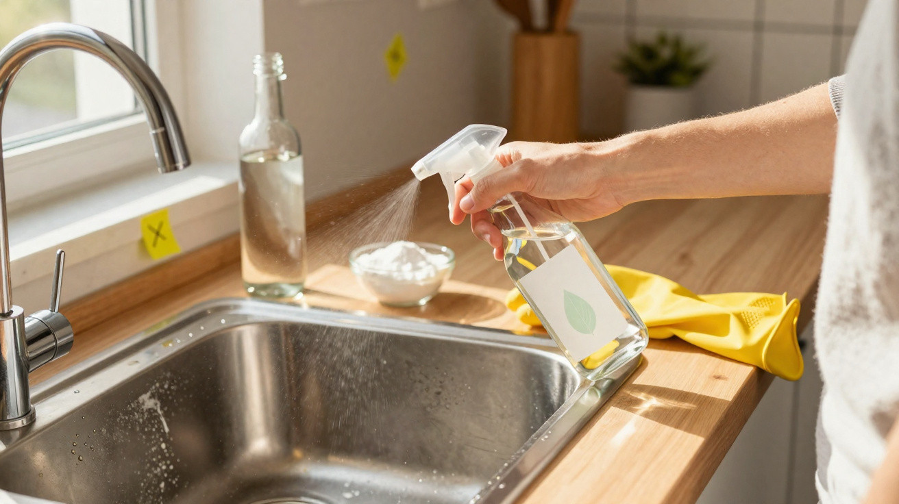 Hand spraying eco-friendly cleaner onto a stainless steel kitchen sink near latex gloves and cleaning supplies.