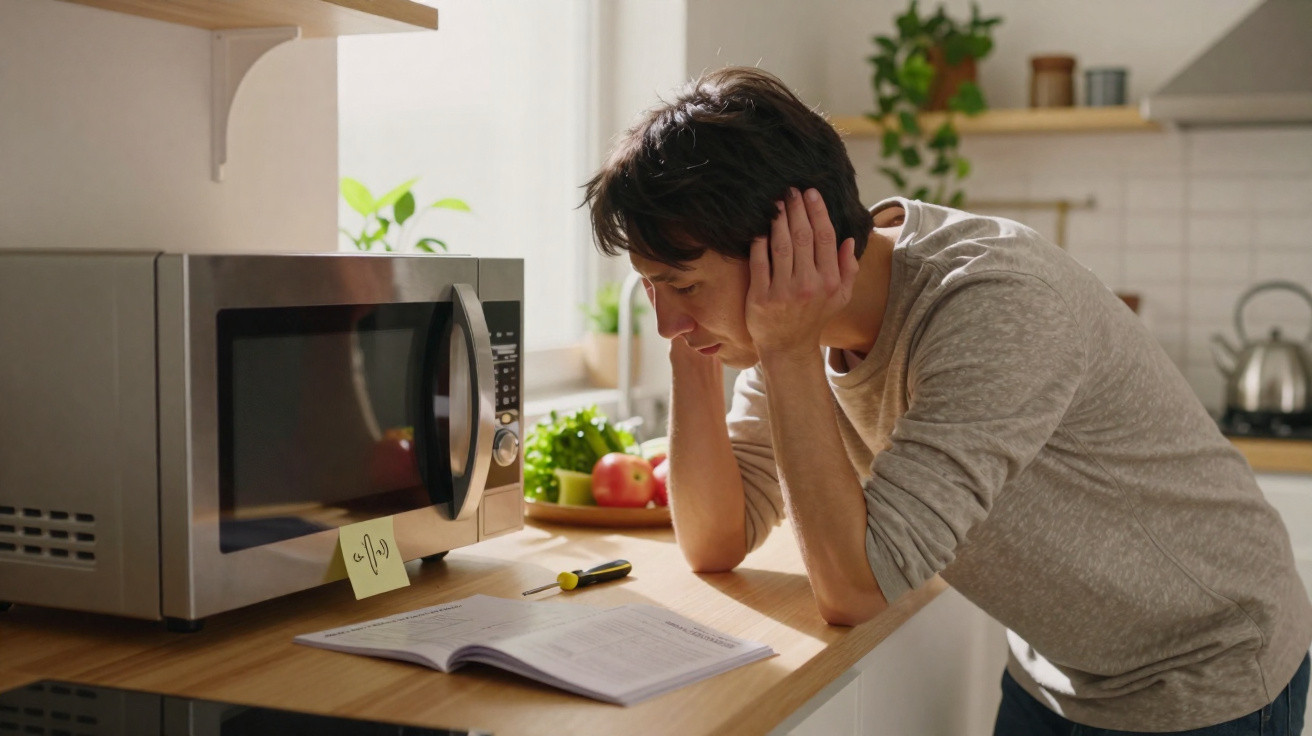 Man leaning on kitchen counter reading a manual with a microwave and screwdriver nearby.