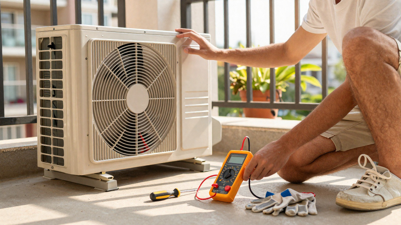 Technician testing an outdoor air conditioning unit with a multimeter on a balcony in daylight.