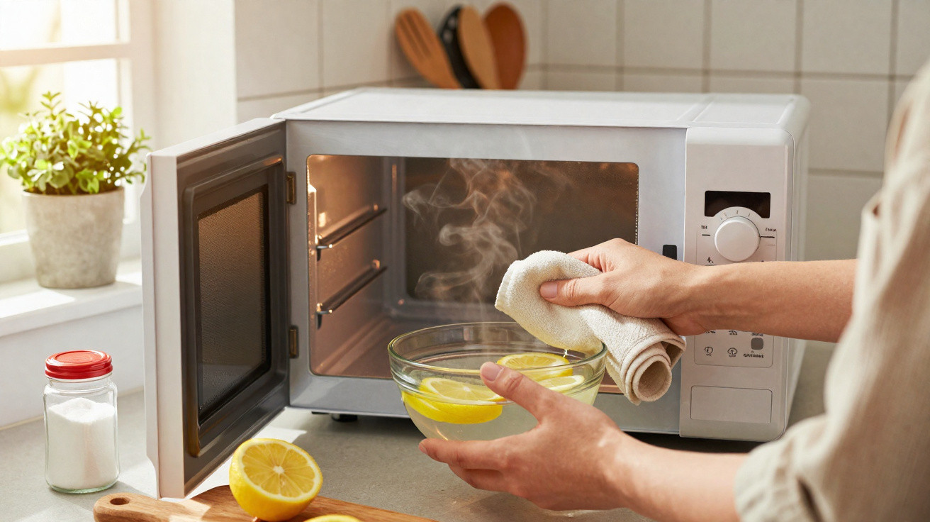 Person removing a steaming bowl with lemon slices from an open microwave in a bright kitchen.