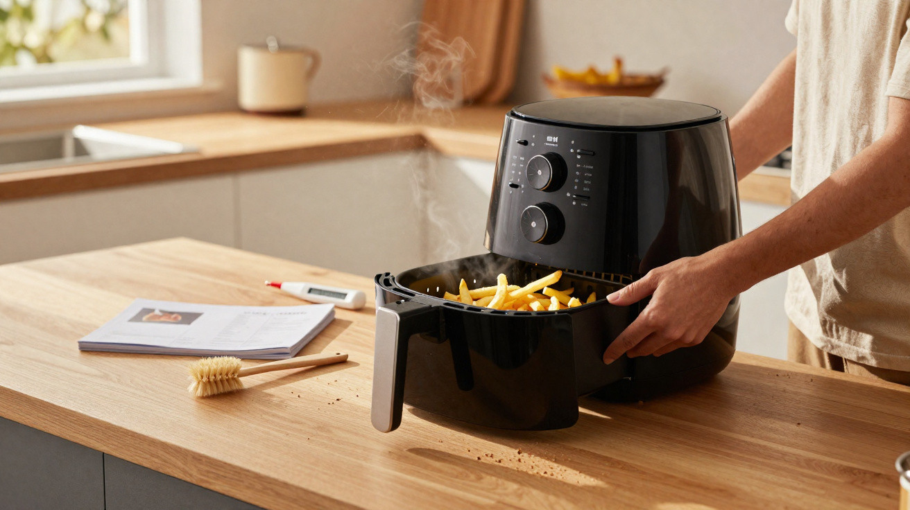 Person removing freshly cooked chips from a black air fryer on a wooden kitchen countertop.