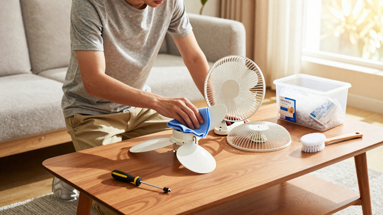Person cleaning and assembling a white table fan on a wooden coffee table in a living room.