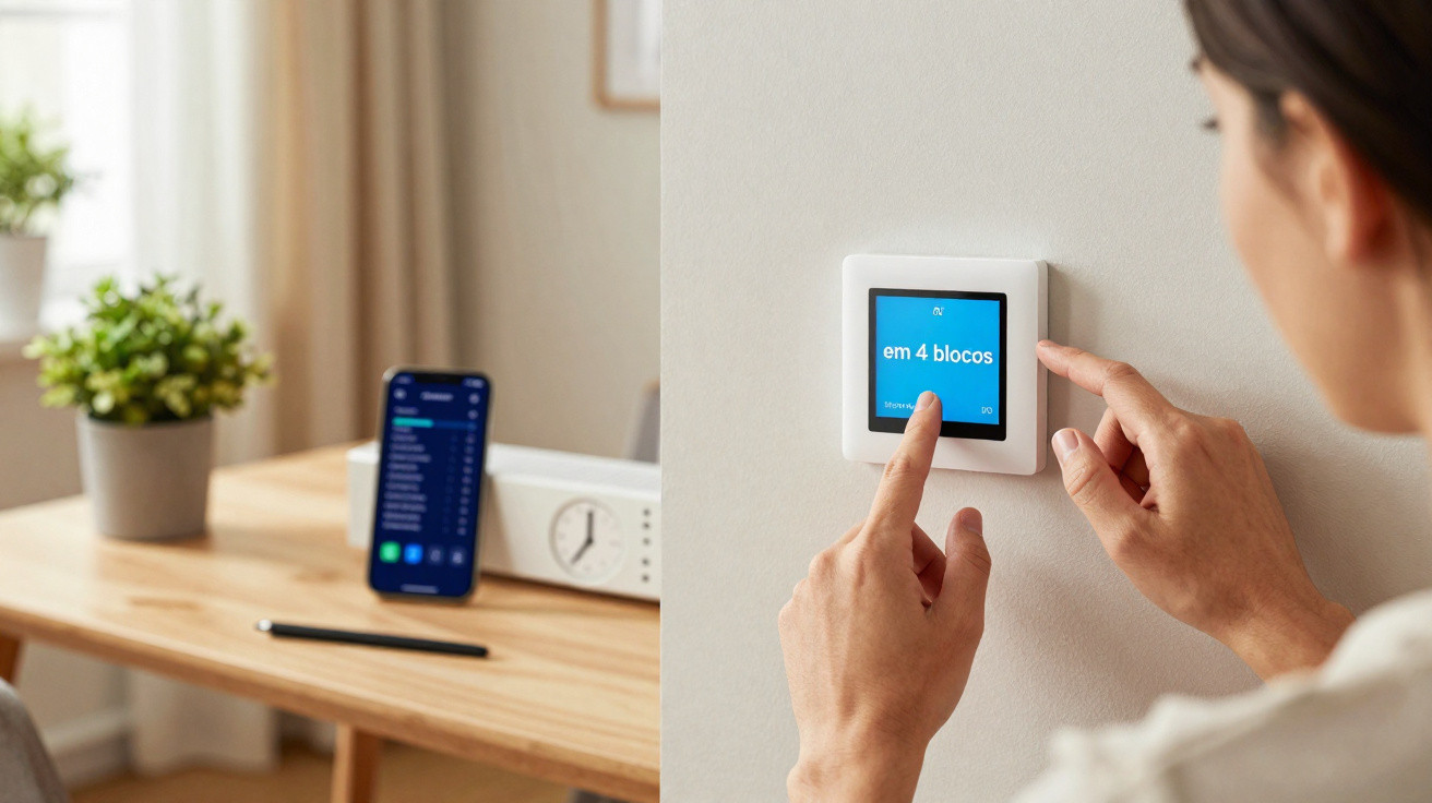 Person adjusting smart thermostat on wall in a modern home office with desk and phone in background.