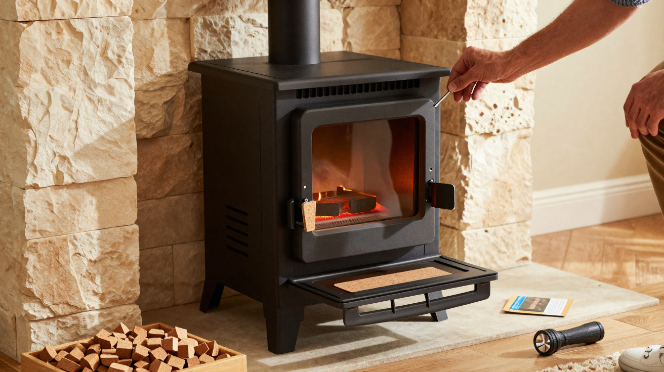 Person lighting a modern black wood-burning stove set against a stone wall with firewood cubes nearby.