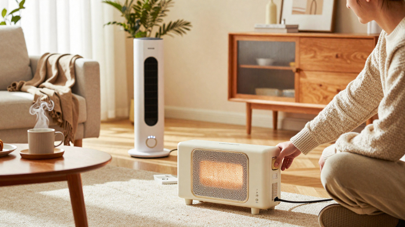 Person adjusting a portable electric heater on a carpeted floor in a cozy living room.