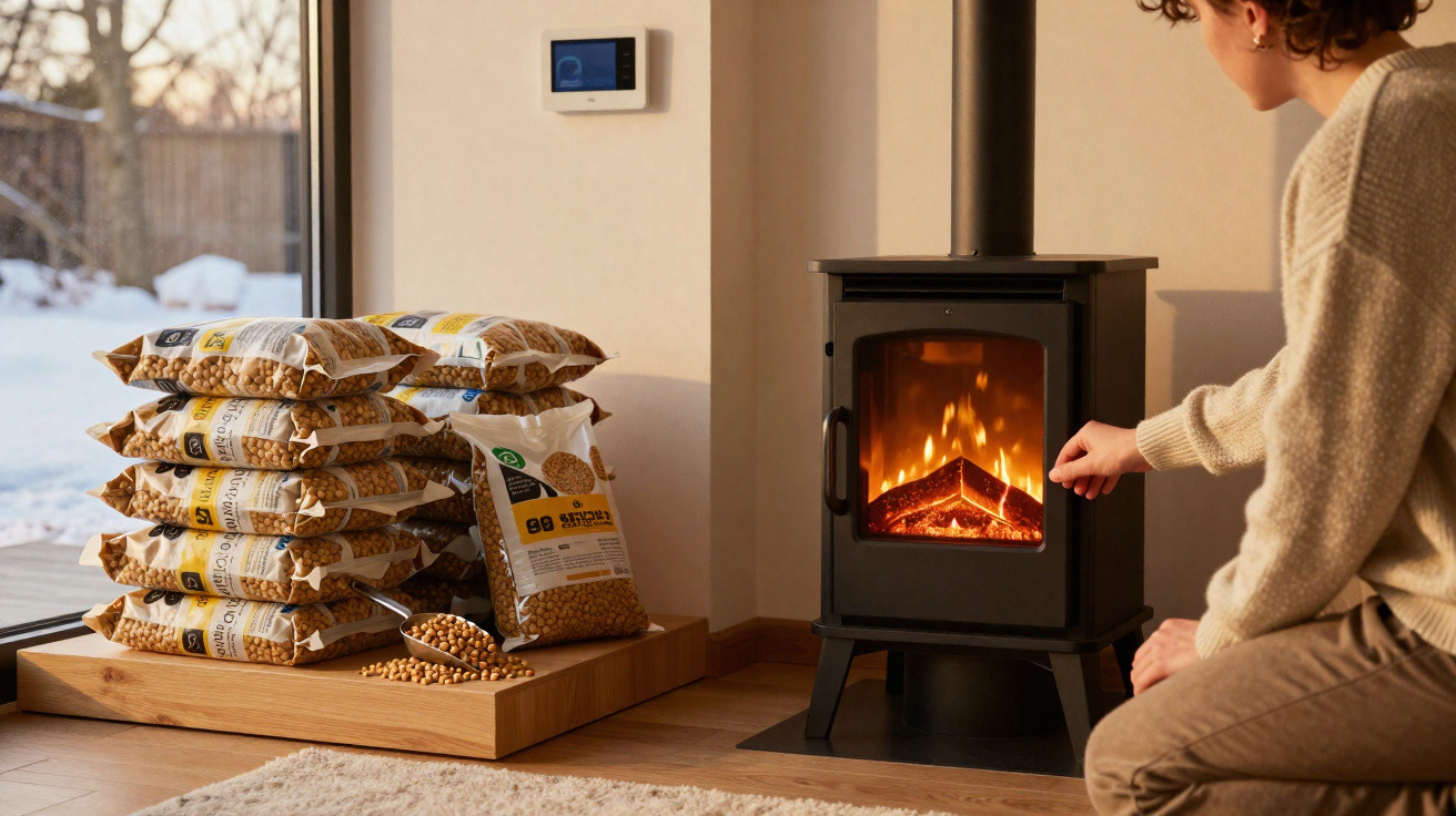 Person lighting a fire in a wood-burning stove next to stacked bags of wood pellets by a window.