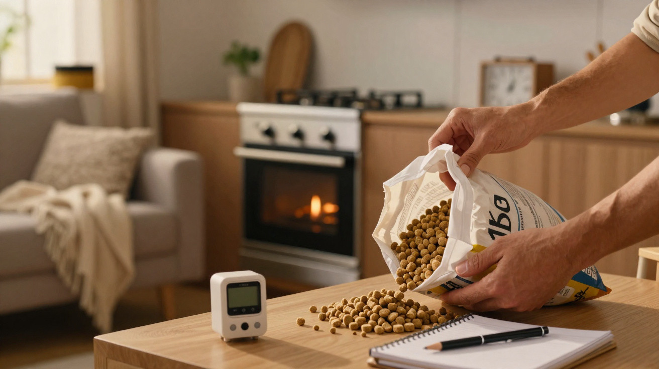 Person pouring dry pet food onto a wooden kitchen table with oven and timer in the background.