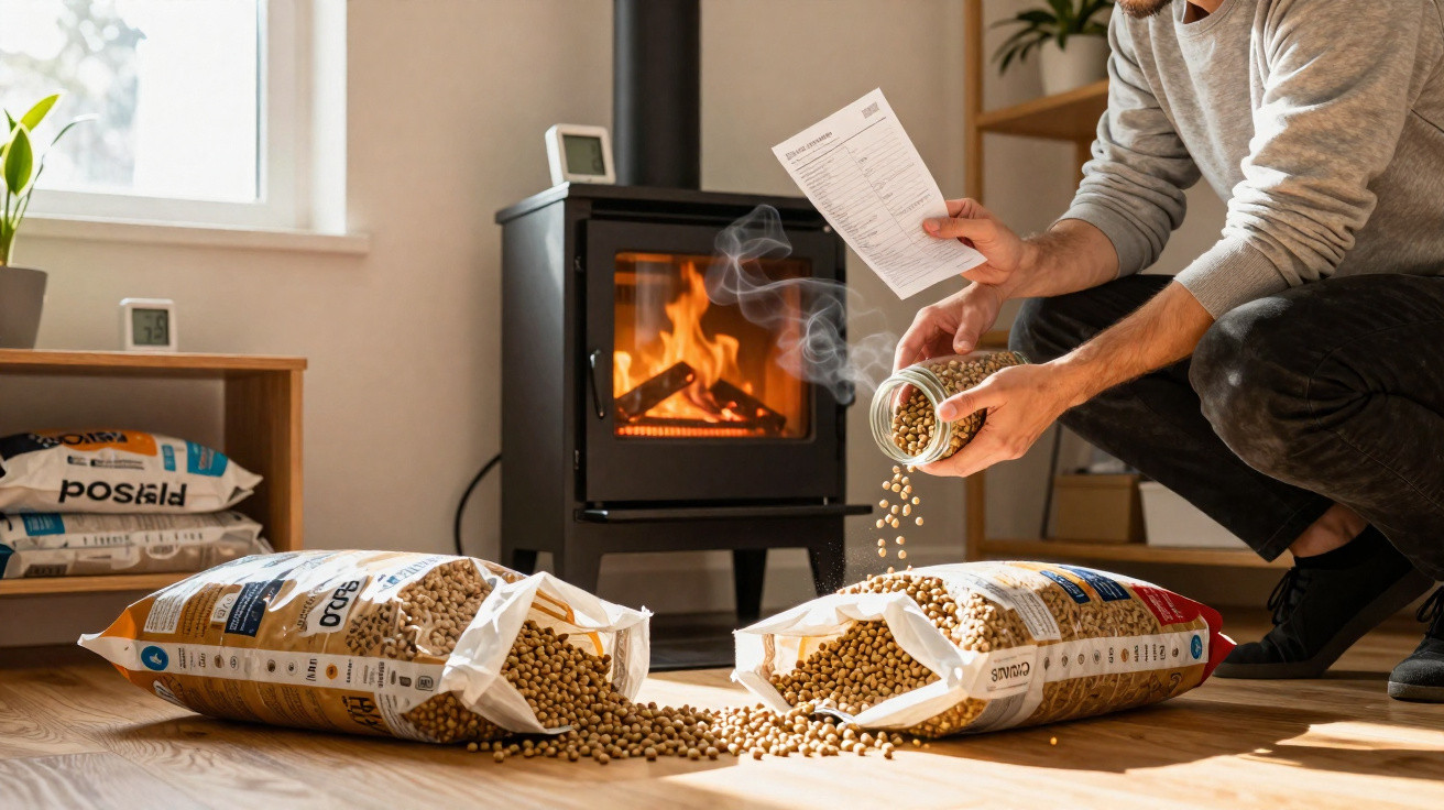 Person pouring wood pellets from a container near a lit wood-burning stove with open bags on wooden floor.