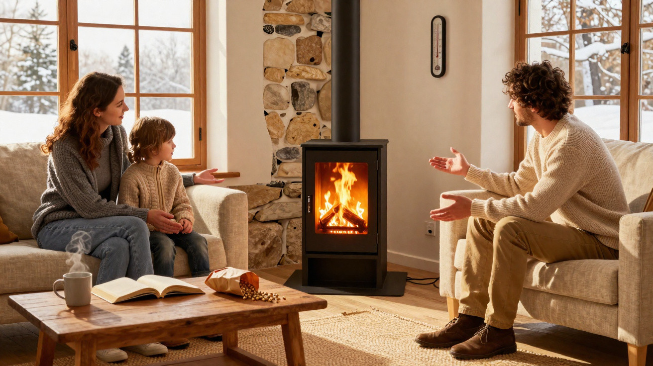 Family of three warming hands by a wood-burning stove in a cosy living room with snow outside.