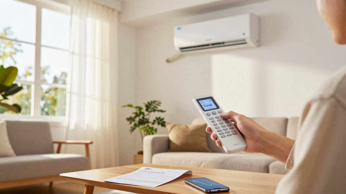 Person holding remote control aimed at wall-mounted air conditioner in bright living room.