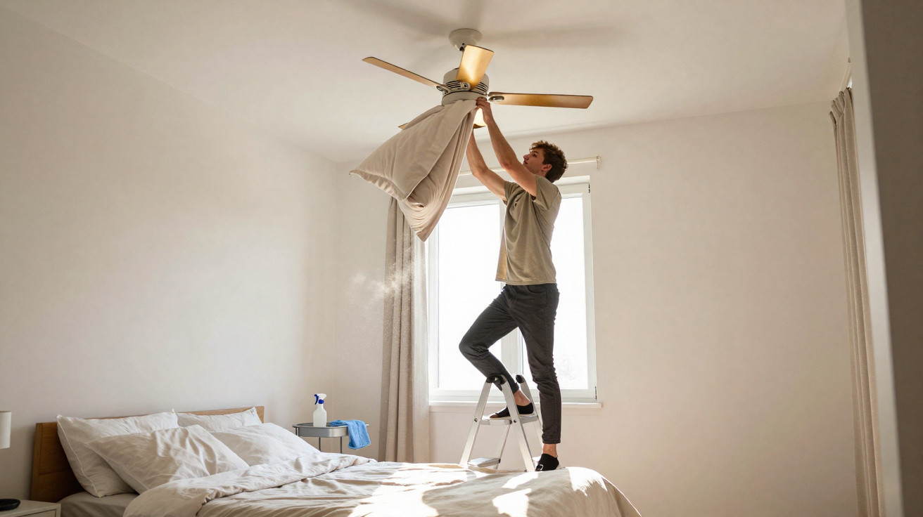 Man standing on a stepladder in bedroom cleaning a ceiling fan blade with a pillowcase.