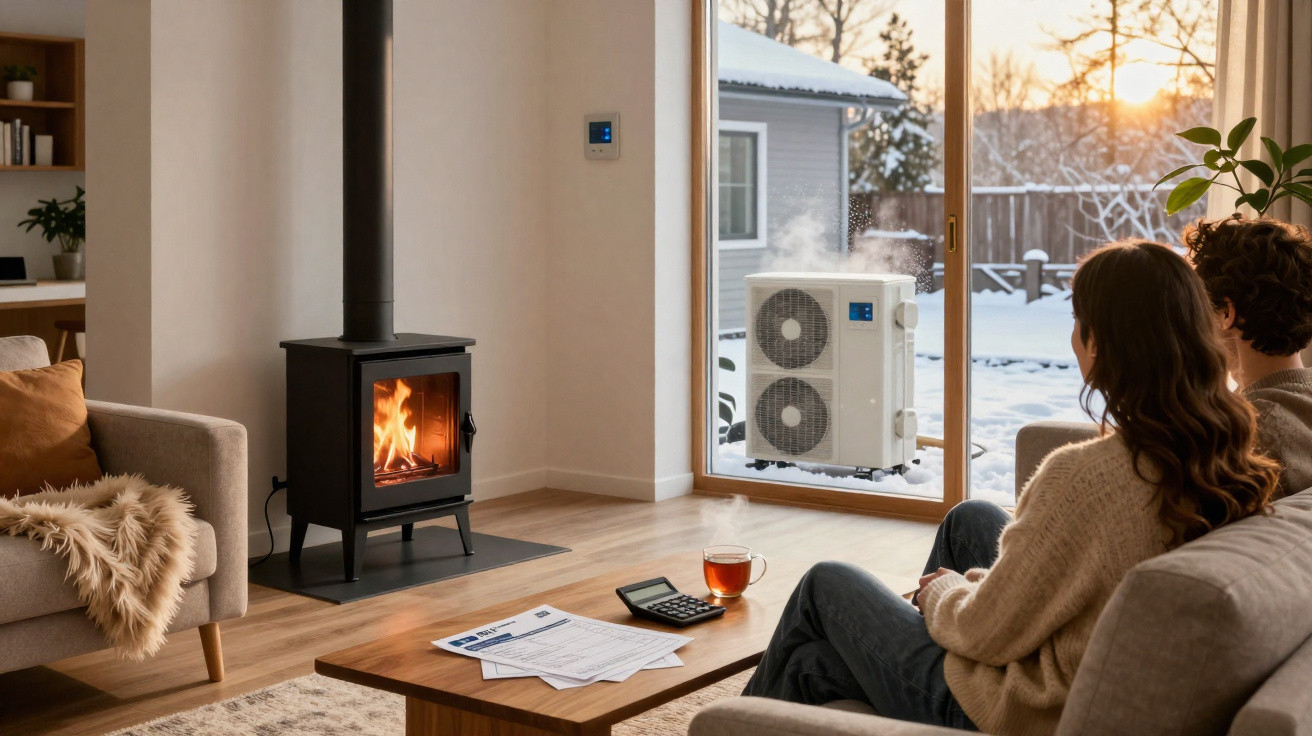 Couple sitting on a sofa in a cosy living room with a wood-burning stove and snowy garden outside.