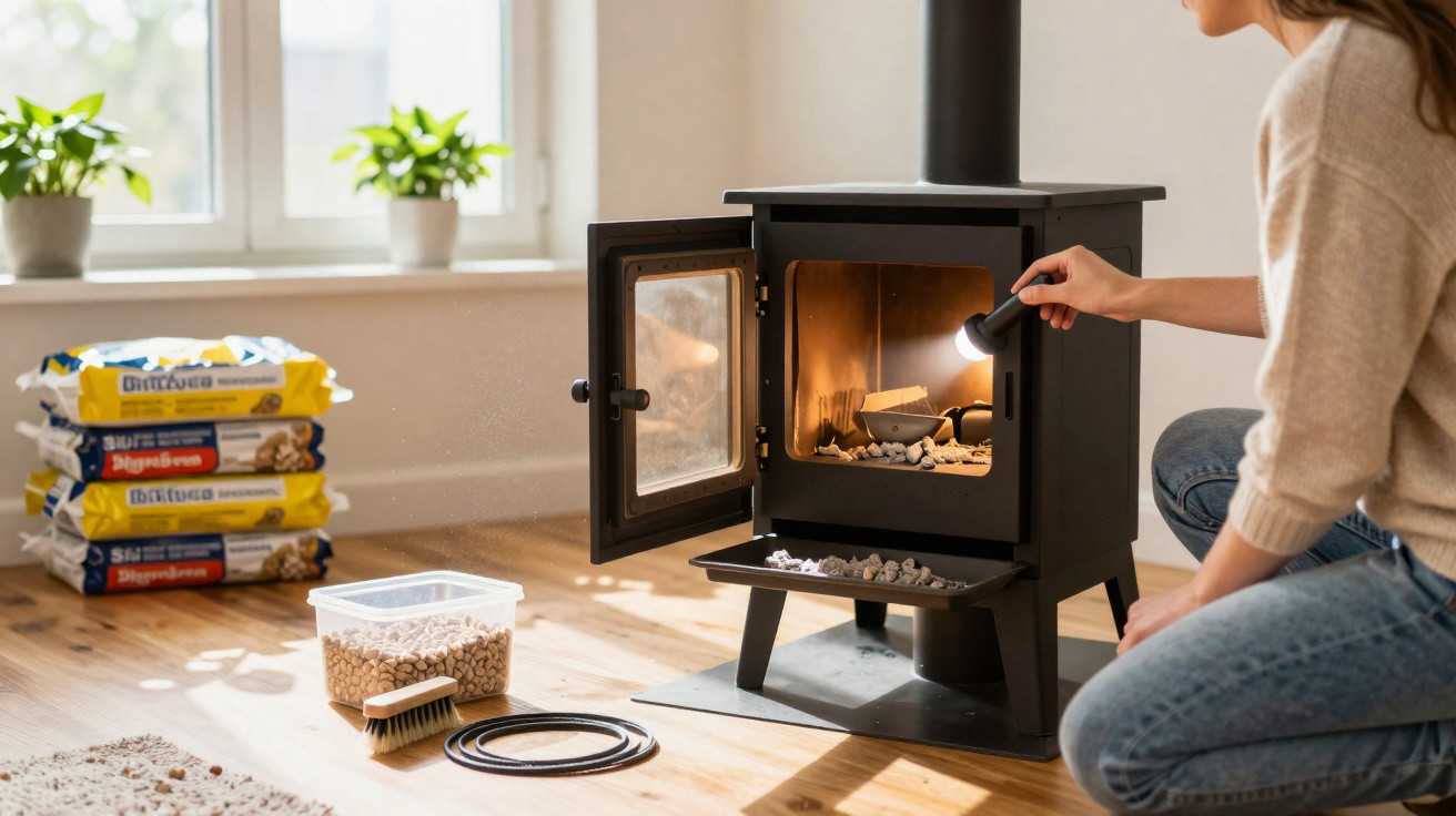Person using a flashlight to inspect the inside of a black wood-burning stove in a sunlit room.