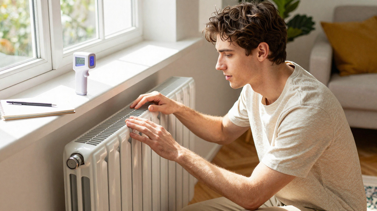 Young man checking a radiator near a window with a thermometer and notepad on the sill.