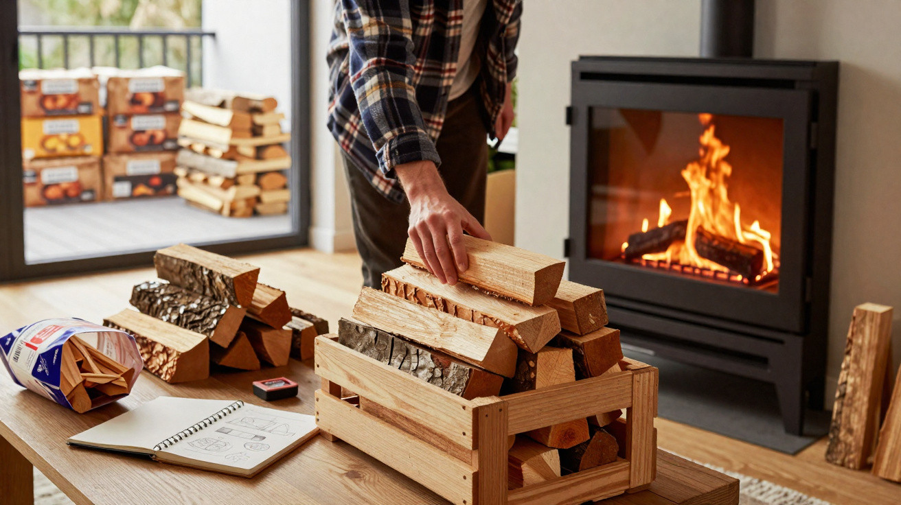 Person stacking firewood in a wooden crate next to a lit wood-burning stove in a cosy living room.