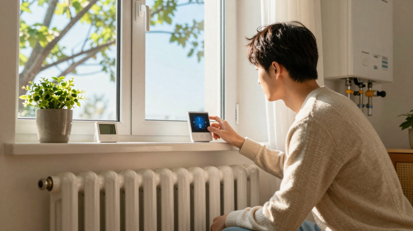 Person adjusting a smart thermostat next to a radiator under a sunny window with a potted plant.
