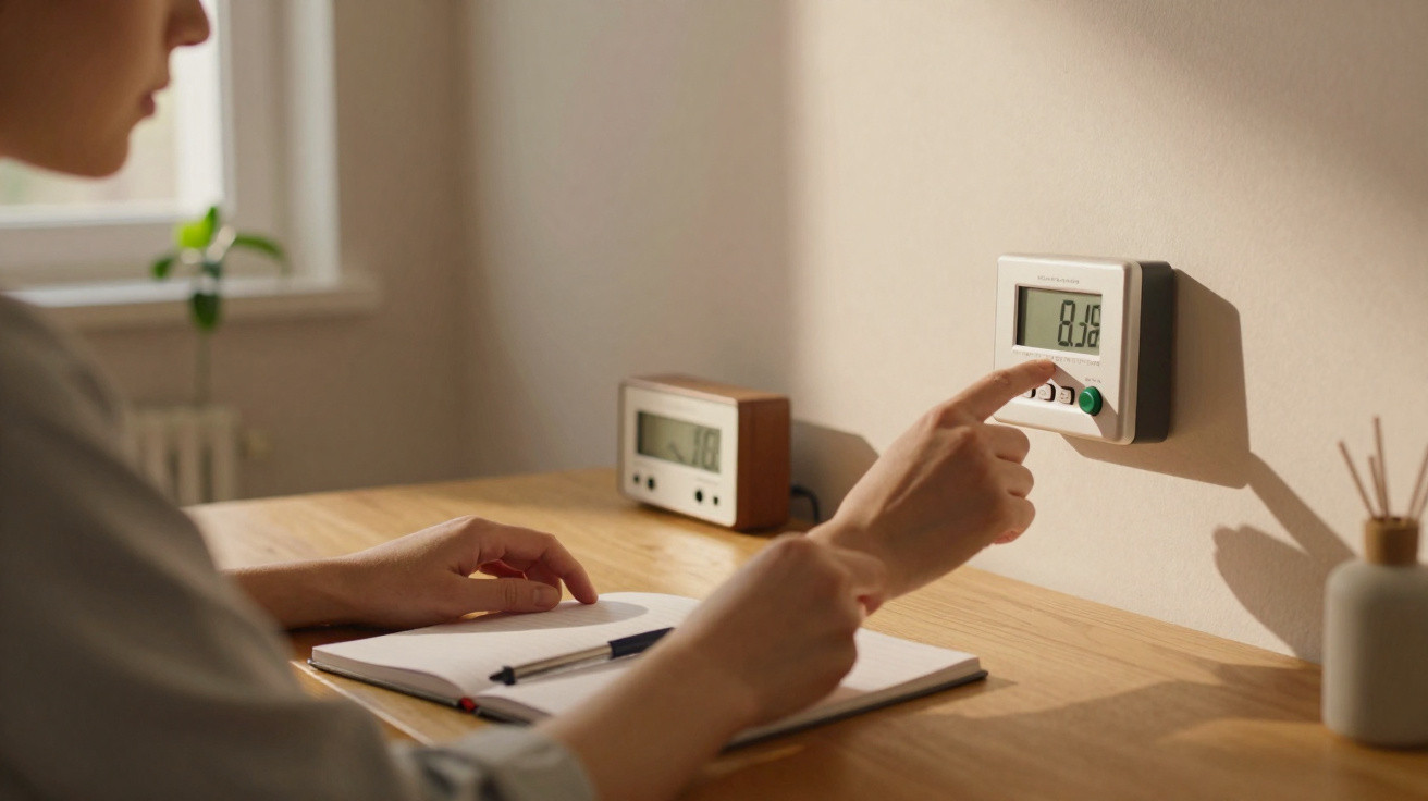 Person adjusting a digital thermostat on a wall above a wooden desk with an open notebook and pen.
