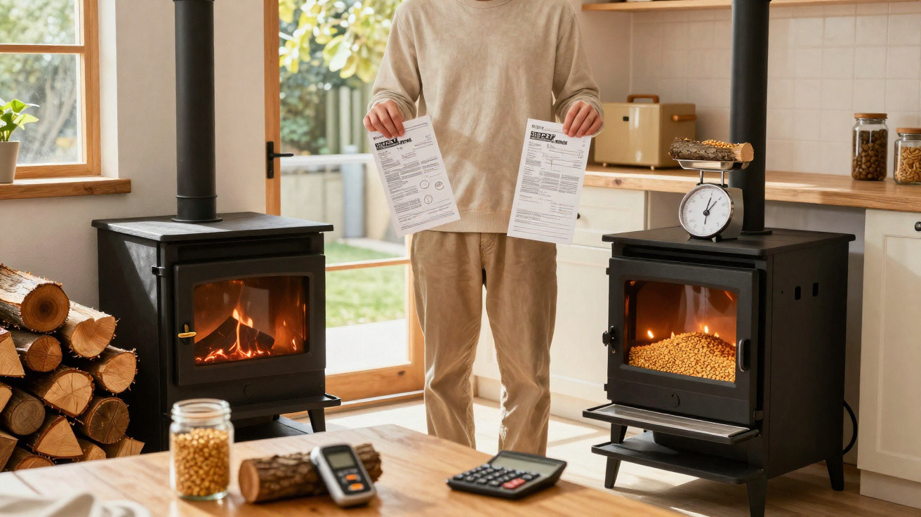 Person holding energy bills between two wood-burning stoves in a bright kitchen with firewood and calculator nearby