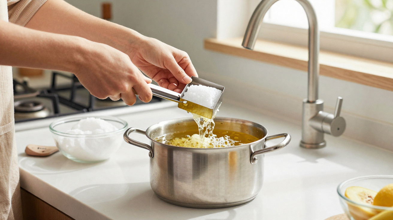 Person adding salt to boiling water in a stainless steel pot on a kitchen counter near a window.