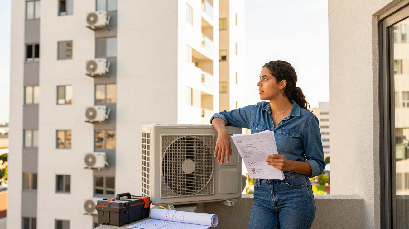 Young woman in denim outfit holding papers on balcony near air conditioning unit and tools.