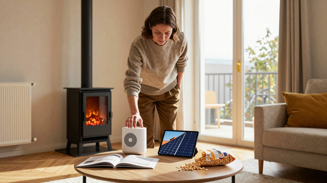 Person adjusting a white device on a coffee table with a tablet, open book, and spilled snacks in a cosy living room.