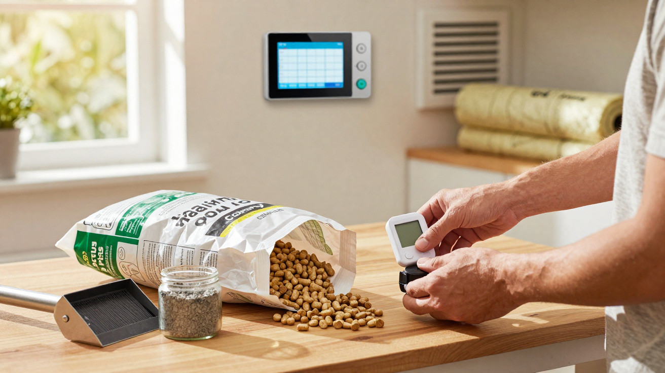 Person measuring blood sugar level on a kitchen counter with dog food and medical device nearby.
