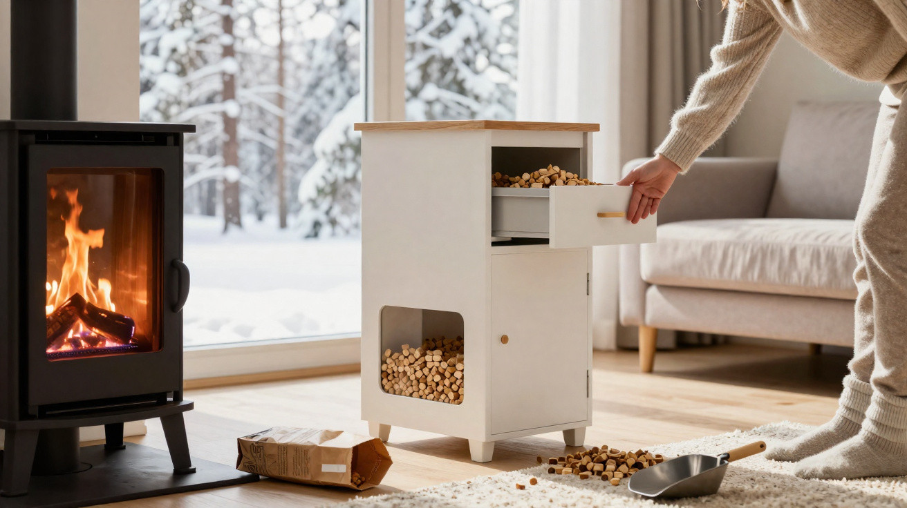 Person filling a drawer of a white wooden container with corks beside a lit fireplace and snow-covered window backdrop.