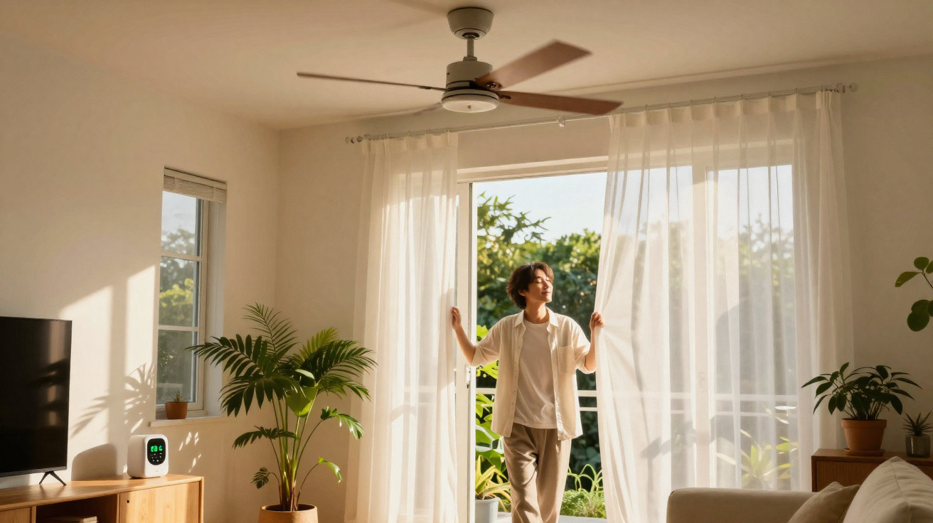 Person opening sheer curtains to a sunny garden view in a bright, plant-filled living room.