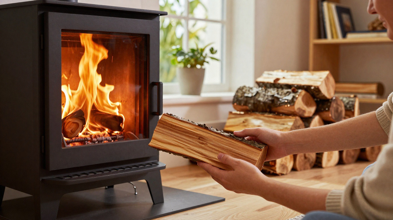 Person placing a log into a burning wood stove with stacked firewood in the background.