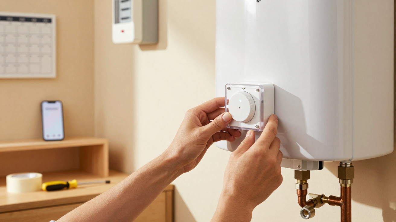 Person adjusting the dial on a white wall-mounted boiler with plumbing visible below in a home setting.