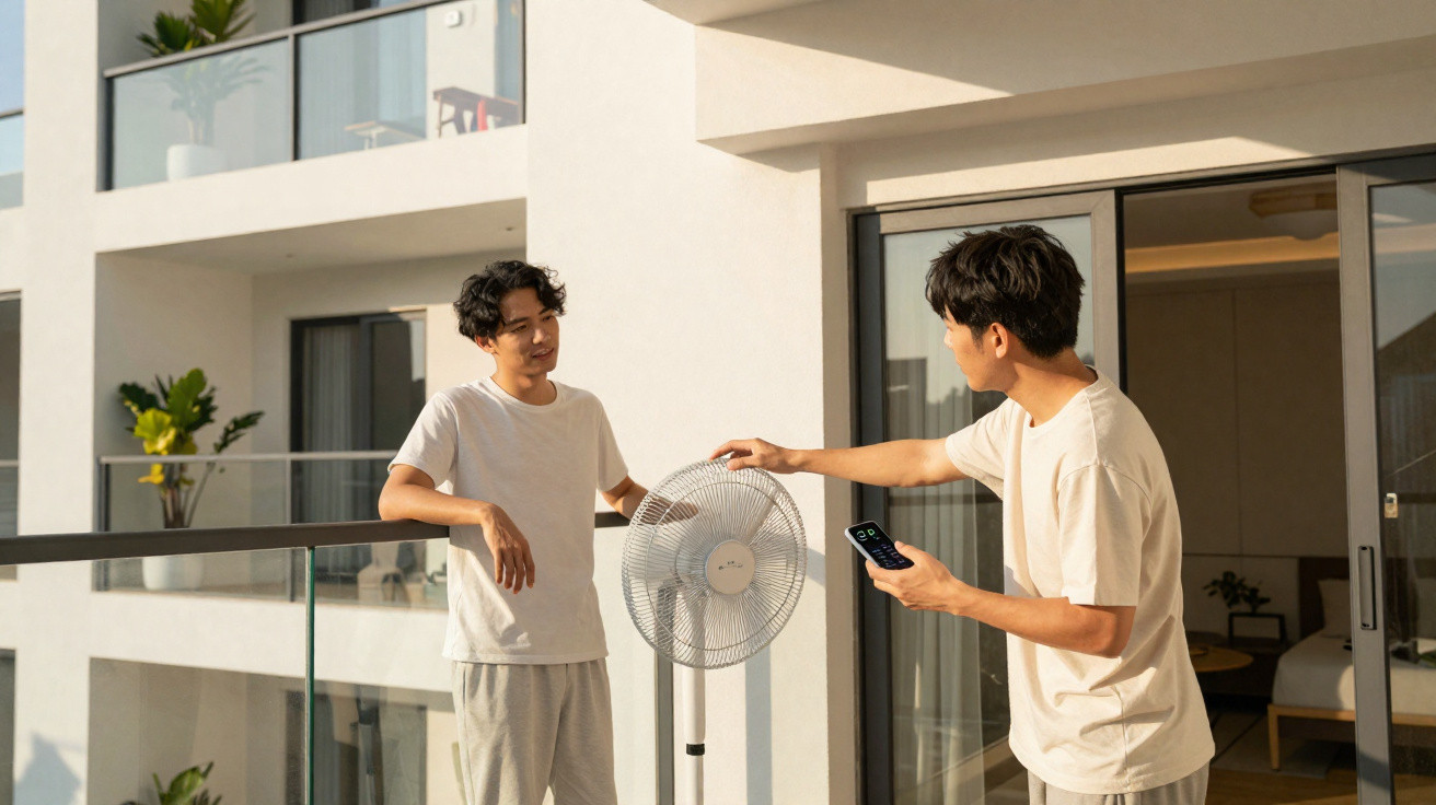 Two men adjusting a standing fan on a balcony of a modern apartment on a sunny day.