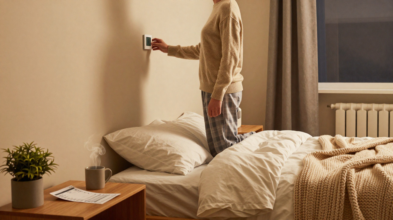 Person adjusting a thermostat on a bedroom wall next to a bed with neutral bedding and a bedside table.