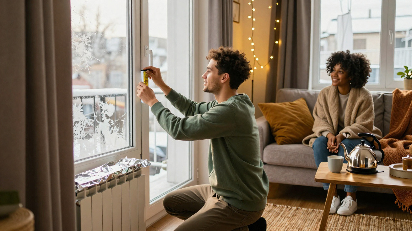 Man taping winter window decorations as woman watches in cosy living room with fairy lights and tea kettle on table.