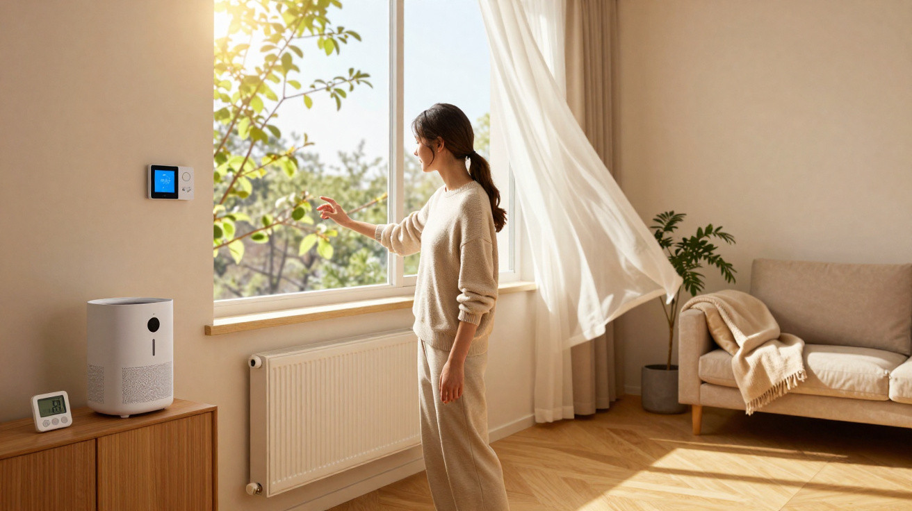 Woman adjusting a smart thermostat by an open window in a bright, cosy living room with natural light.