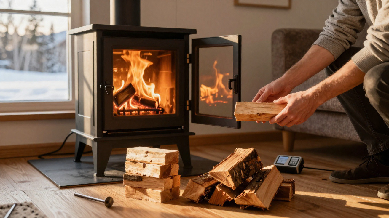 Person placing a log into a lit wood-burning stove in a cosy living room with firewood stacked nearby.