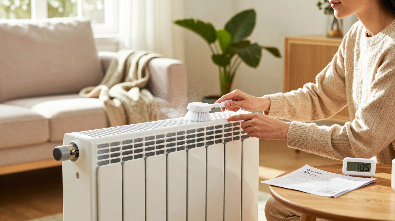Person cleaning a white radiator with a brush in a bright living room with a sofa and plants.