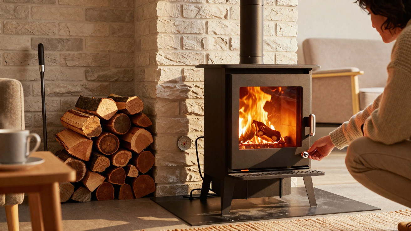 Person adjusting a lit wood-burning stove beside a pile of firewood in a cosy living room.