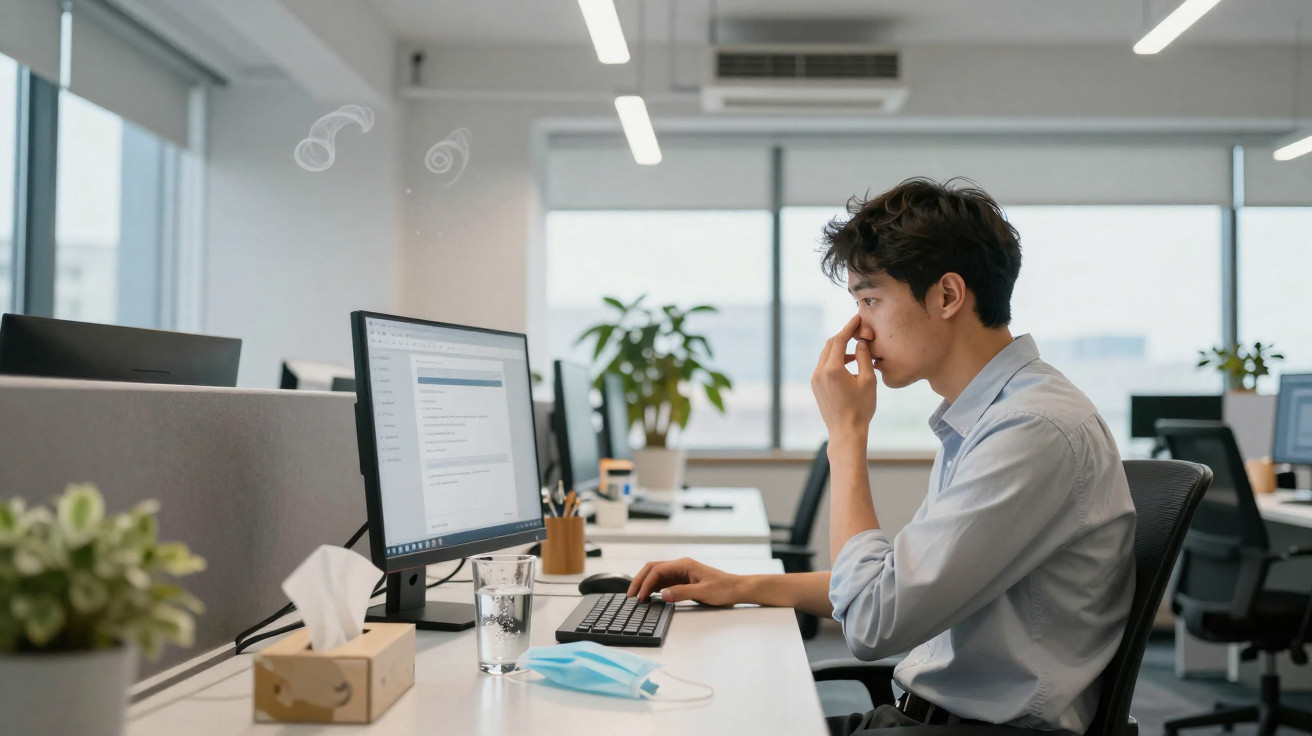 Man wearing light blue shirt working on a desktop computer in a bright modern office with plants and mask on desk.