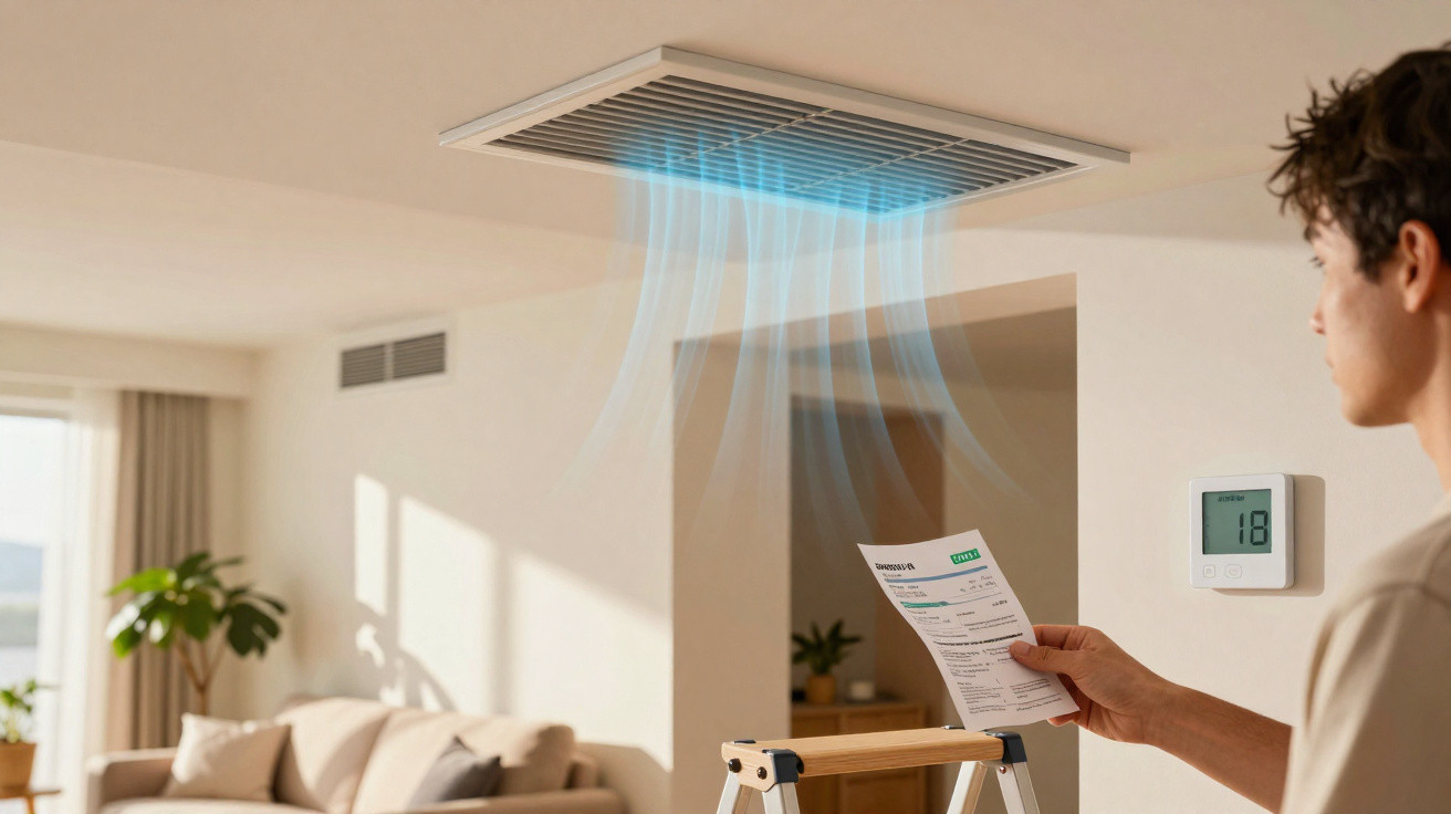 Man adjusting thermostat next to ceiling air vent emitting cool airflow in a bright living room.