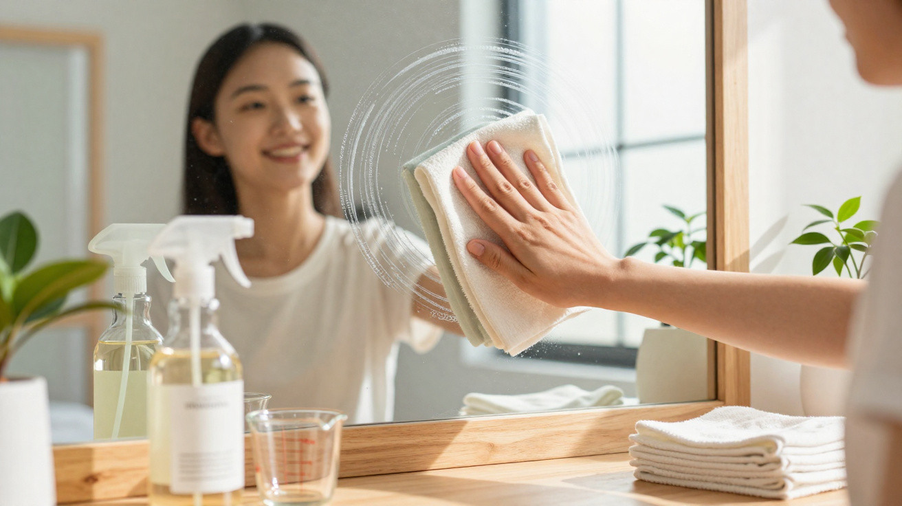 Woman cleaning a mirror with a cloth, spray bottles, and folded towels on a wooden surface nearby.