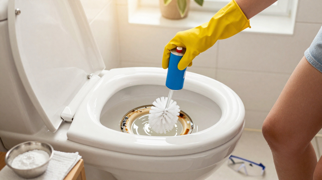 Person wearing yellow gloves cleaning a toilet bowl with a brush in a bright bathroom.