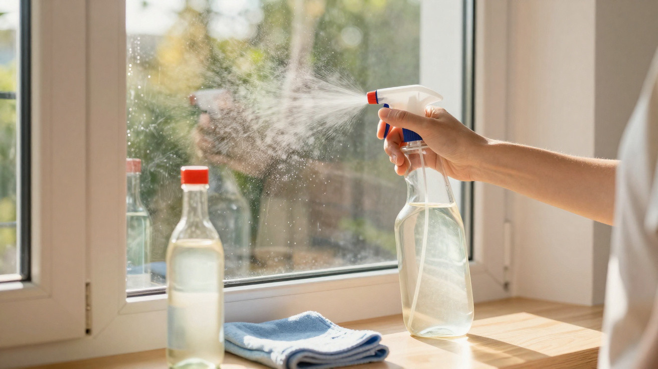 Hand spraying cleaning solution on a window with a cloth and bottles on the windowsill in daylight.